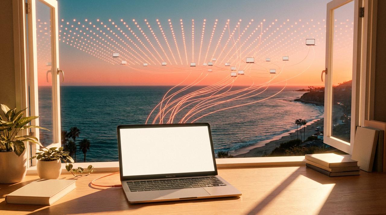 A MacBook on a warm-lit desk in front of open windows overlooking the Malibu coast at sunset, with a mesh of glowing coral lines flowing from the screen into a network of distant Macs across the sky.